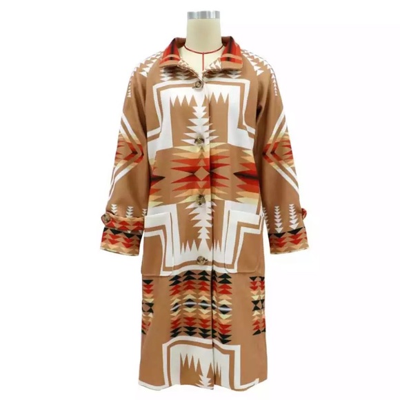 Western Boho Tribal Camel Button Up Peacoat Coat - Picture 4 of 7